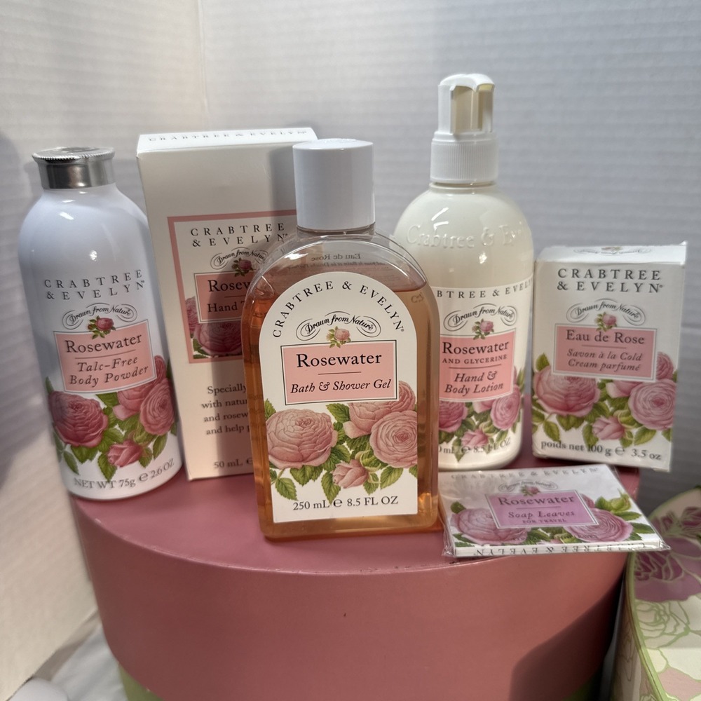 Crabtree & Evelyn Rosewater Hat Box Gift Set~Lotions,Gel,Soap,Talc-Free Powder